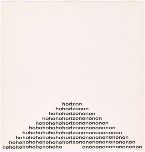 In this print, the word "horizon" takes the form of a pyramid enclosing the words "no, oh," and "ho ho," which gradually overwhelm the visibility of "horizon."