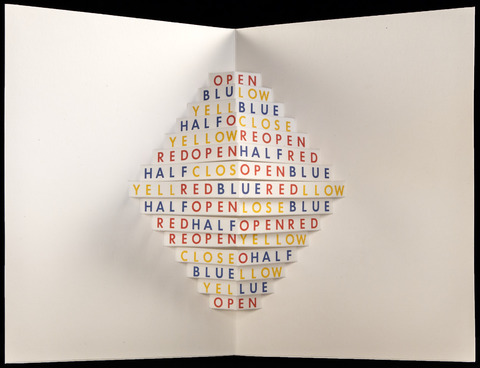 Three-dimensional folding poem with lines of text in the shape of a diamond featuring the words "open," "close," "yellow," "reopen," "blue," and "red." 