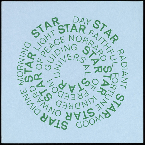 A postcard featuring five concentric circles of text naming many types of stars such as "morning star," "day star," and "guiding star."