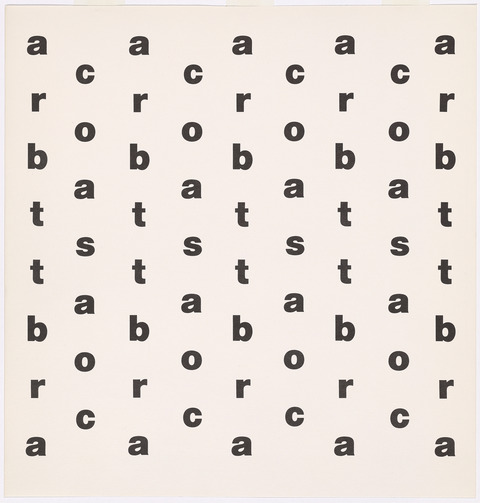 In this print, lines of the repeated individual letters of the word "Acrobat," "a", "c", "r", "o", "b", "a", and "t" create an animated pattern.  